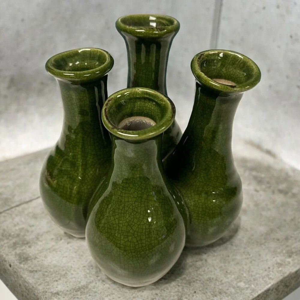 Vintage Pottery Crazed Green Finger 7”‎ Vase Four Vessel MCM RARE